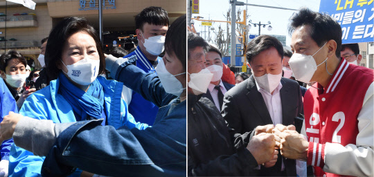 30일 박영선 더불어민주당 서울시장 후보(왼쪽)가 서울 성동구 왕십리역 광장에서, 오세훈 국민의힘 서울시장 후보가 영등포역 광장에서 각각 시민들을 만나 인사하고 있다.[사진=연합뉴스]